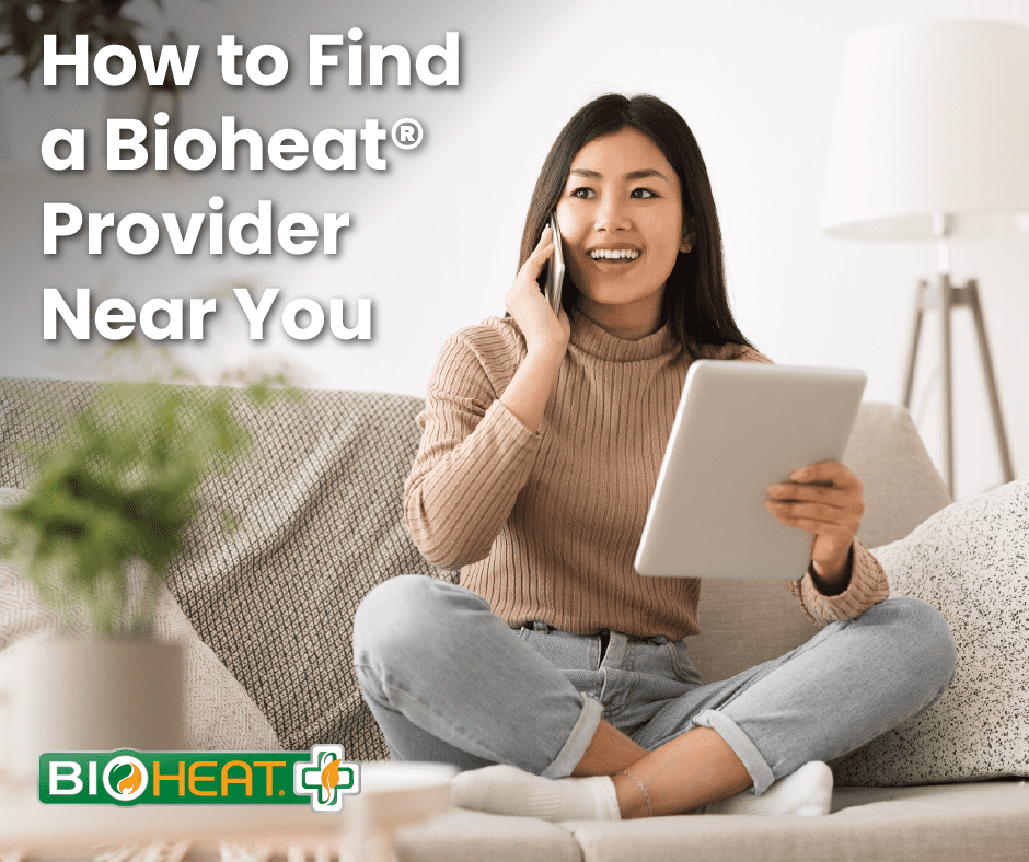 "how to find a Bioheat provider near you" caption over woman on phone image